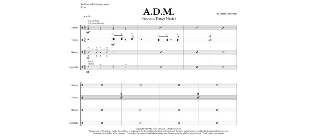 Image of sheet music for the drum line cadence "A.D.M."