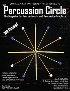 Image of the first issue; drum sticks, yarn mallets, and timpani mallets are arranged in a circle