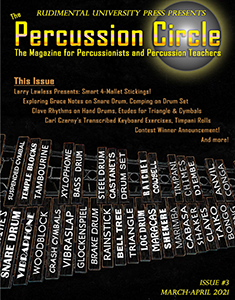 Image of the third issue; depiction of a marimba with different percussion instruments listed on each bar