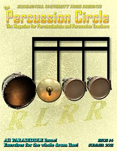 Image of the fourth issue; depiction of a bass drum, a cymbal, and two snare drums grouped together to look like a paradiddle